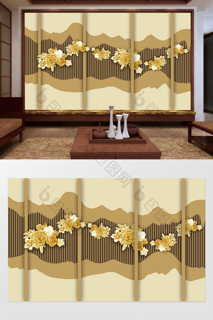 新中式立体金色抽象花风景背景墙