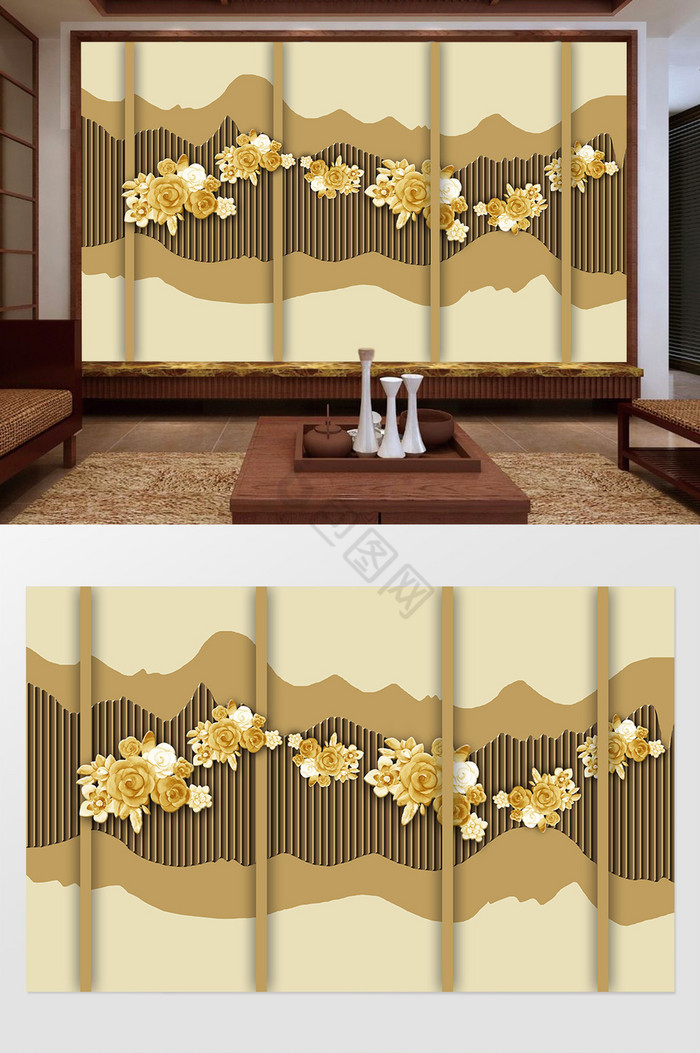新中式立体金色抽象花风景背景墙图片