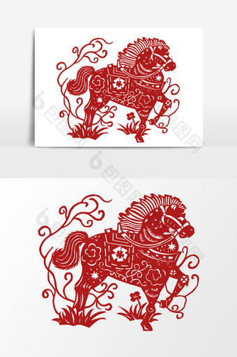简洁中国传统红色剪纸窗花奔腾的马矢量元素图片