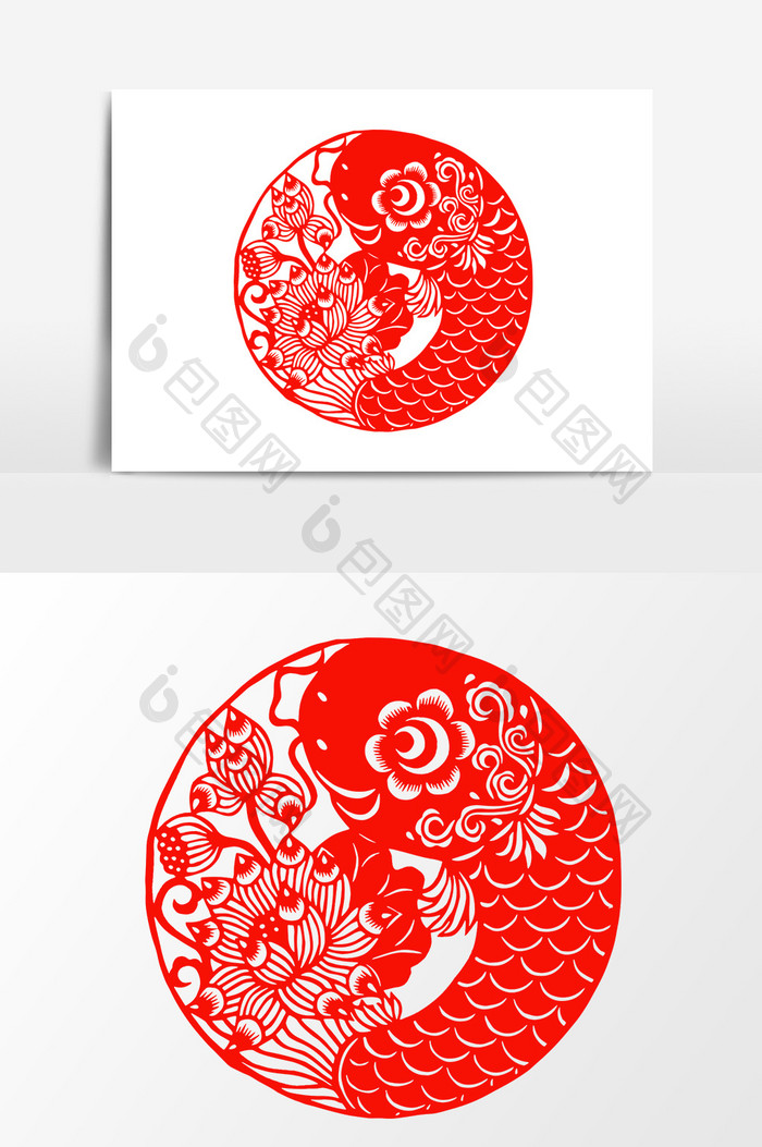 简洁中国传统红色剪纸窗花牡丹鱼矢量元素