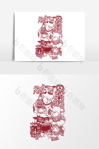 中国传统红色剪纸窗花童子矢量元素图片