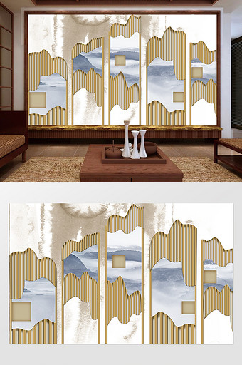 立体几何新中式艺术抽象山水背景墙图片