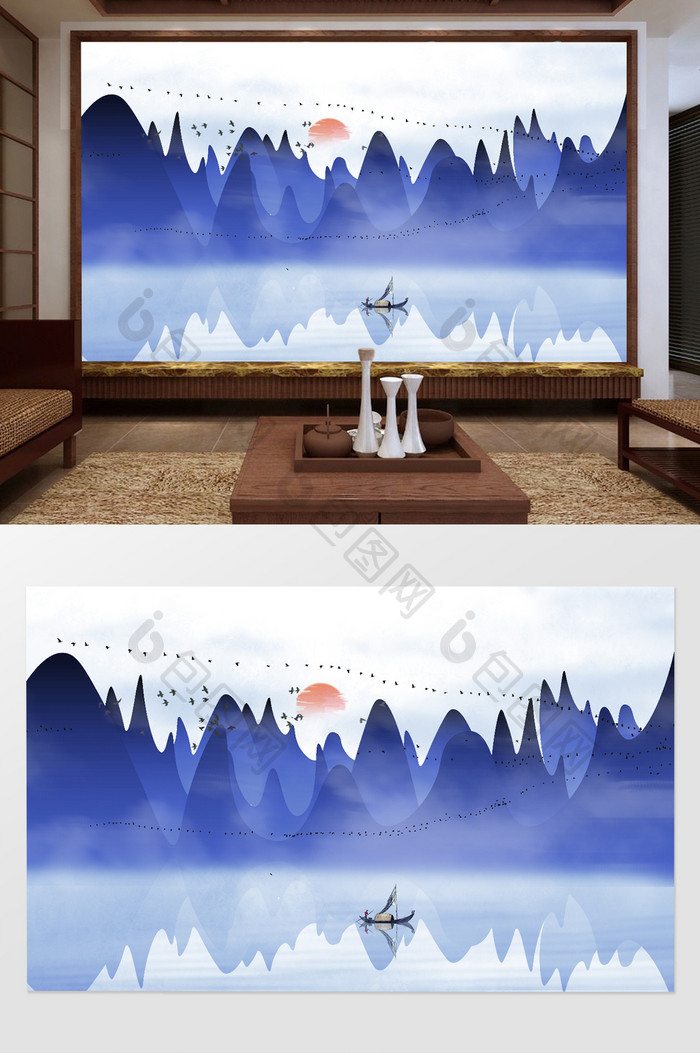 新中式抽象山水飞鸟电视背景墙定制