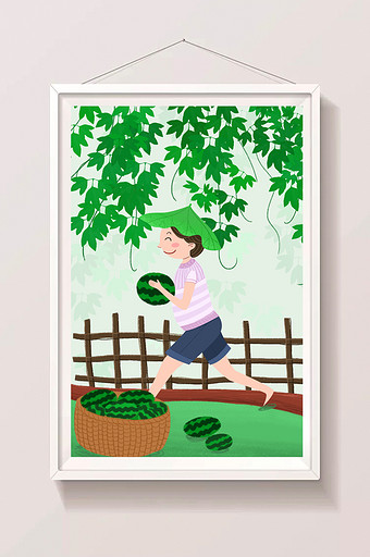 绿色清新夏日藤蔓乡村抱西瓜的人大暑插画图片