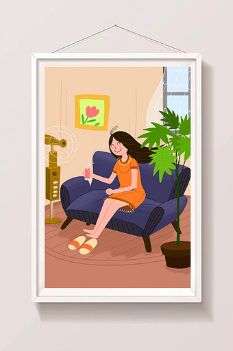 夏日室内乘凉电扇喝饮料的女孩大暑插画图片