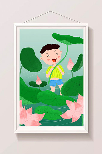 夏日清新绿色荷塘玩耍小男孩大暑插画图片