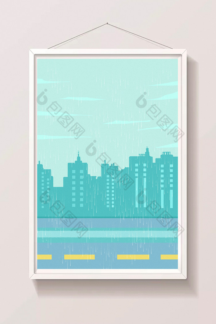 蓝绿色调清新都市城市下雨天插画背景