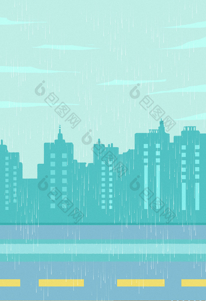 蓝绿色调清新都市城市下雨天插画背景