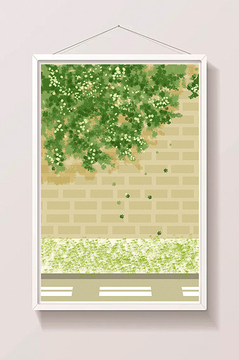 绿色清新夏日街道爬满植物的墙插画背景图片