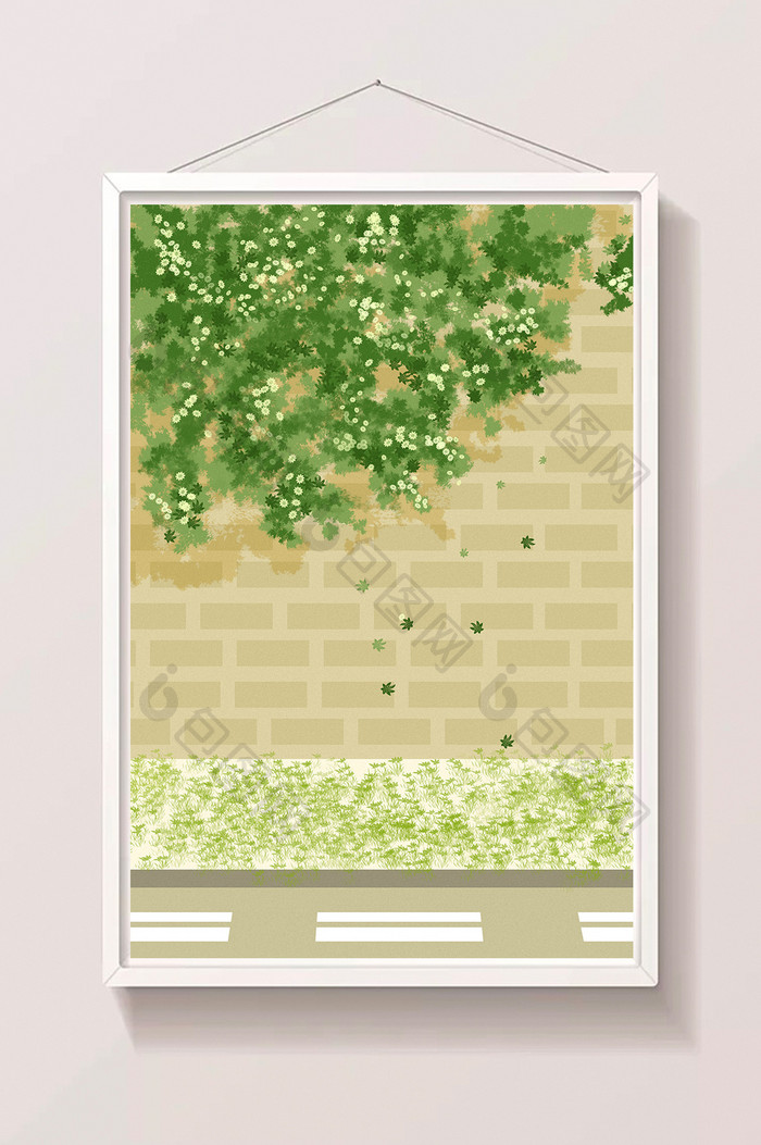 绿色清新夏日街道爬满植物的墙插画背景