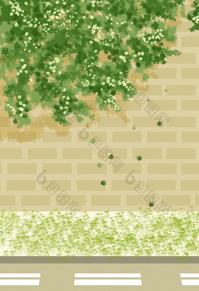 绿色清新夏日街道爬满植物的墙插画背景
