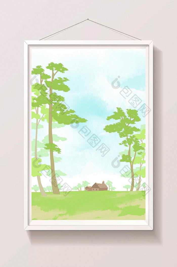 绿色系清新水彩夏日小屋插画背景