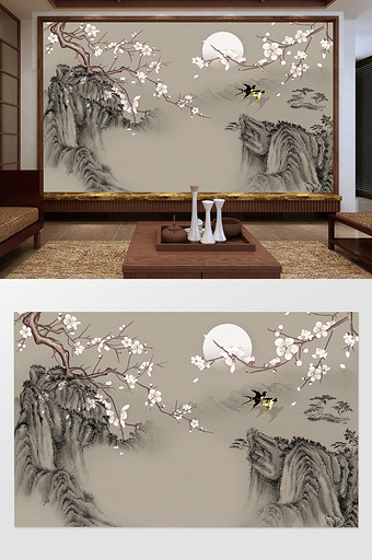 新中式花鸟水墨山背景墙图片