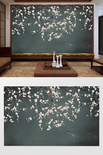 新中式唯美意境桃花背景墙图片
