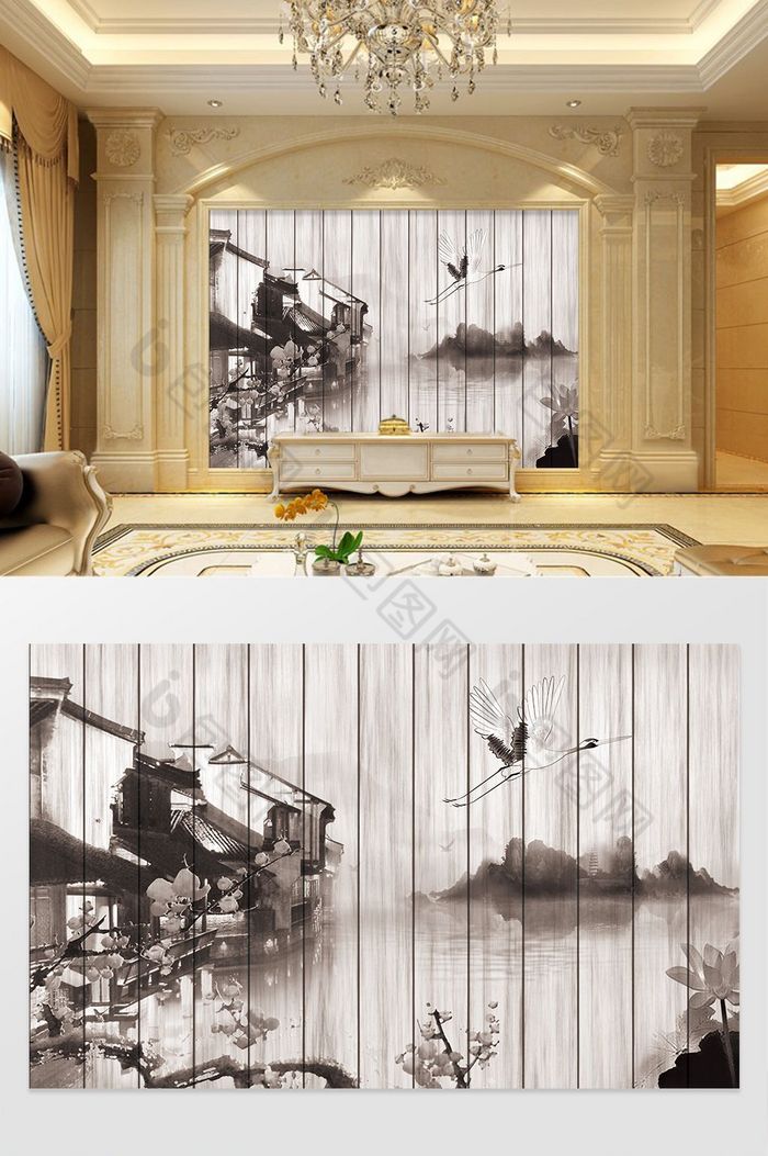 新中式木质水墨山水背景墙图片图片