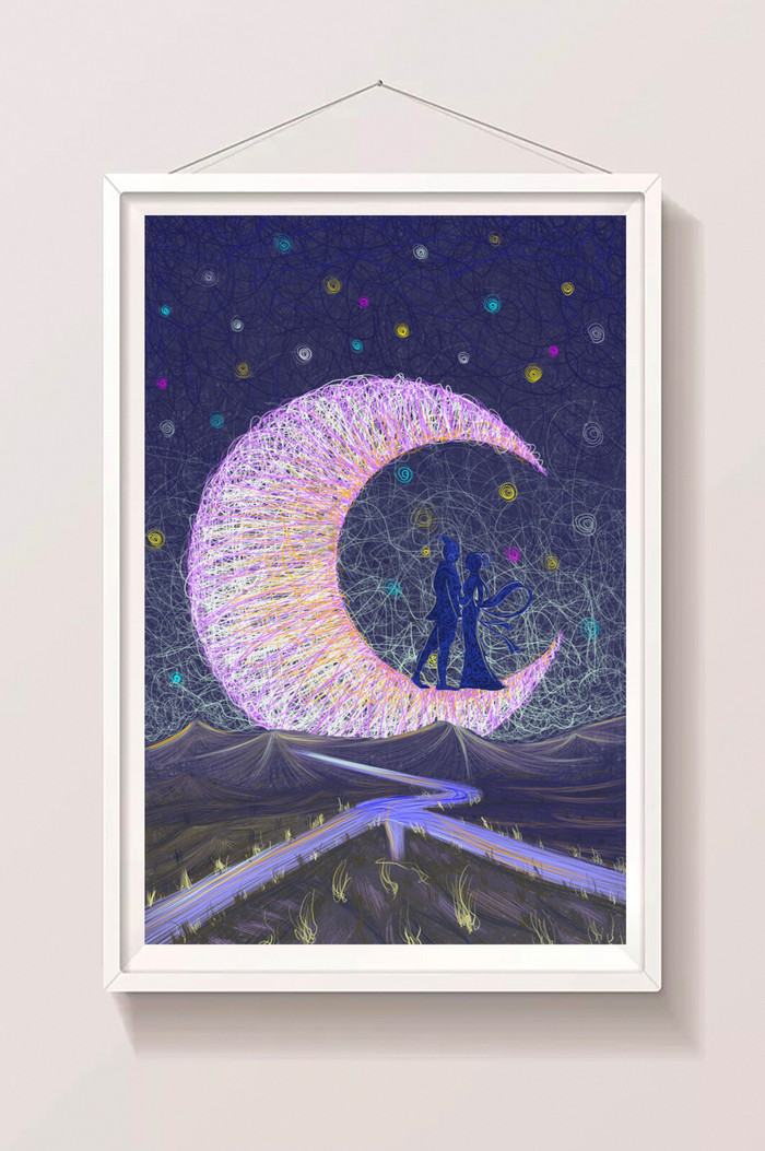 夜空线圈站在月亮上牛郎织女插画图片
