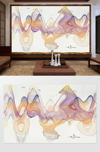 新中式抽象水墨小船电视沙发背景墙图片