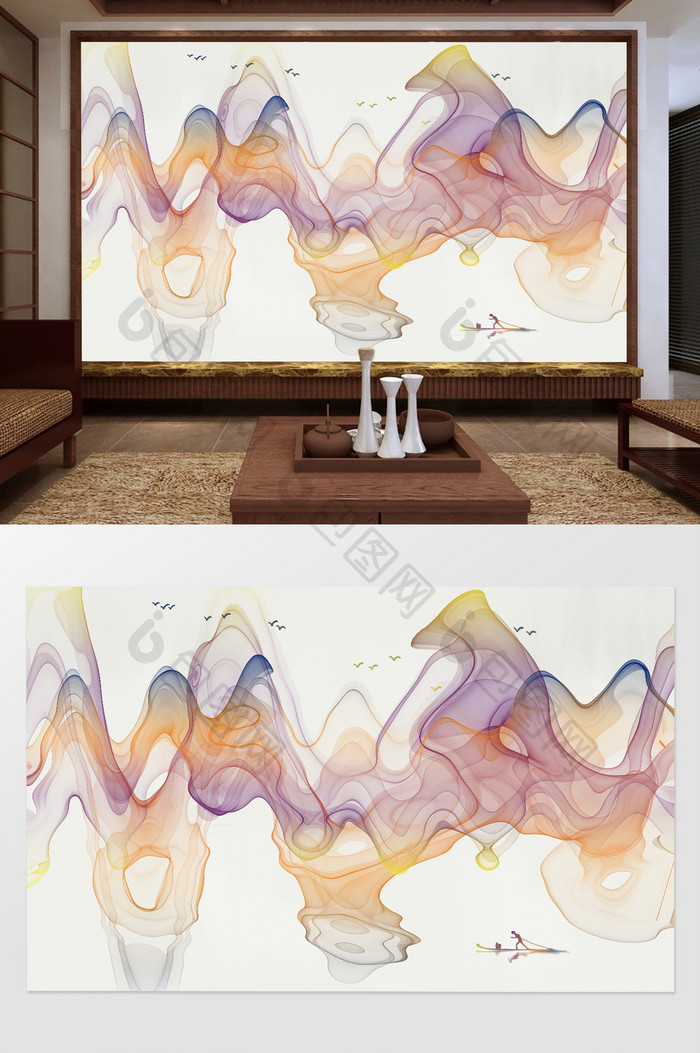 新中式抽象水墨小船电视沙发背景墙