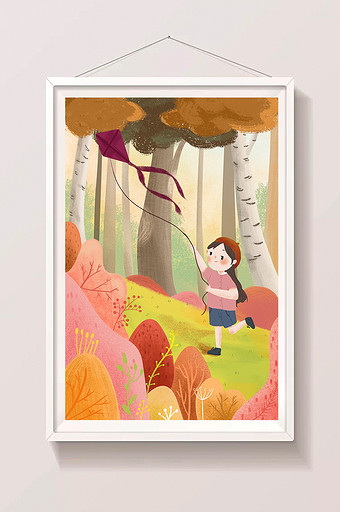 秋季女孩野外树林放风筝插画图片