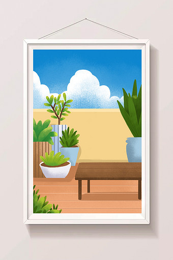 阳台花园插画背景图片