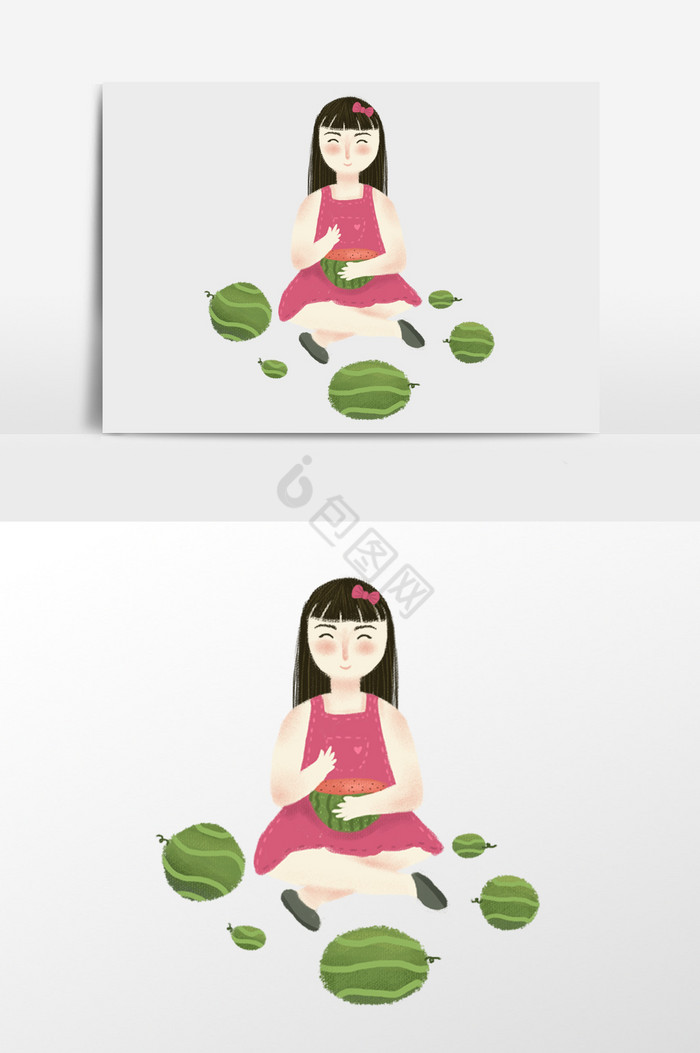穿裙子吃西瓜的插画图片