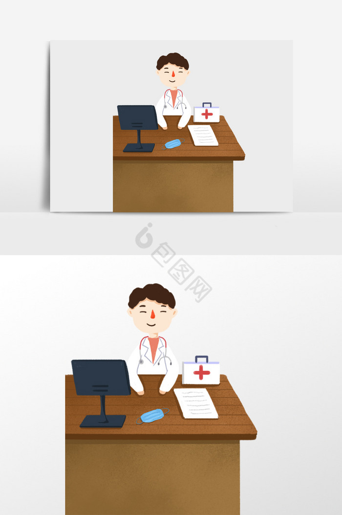 办公室桌前的医生插画