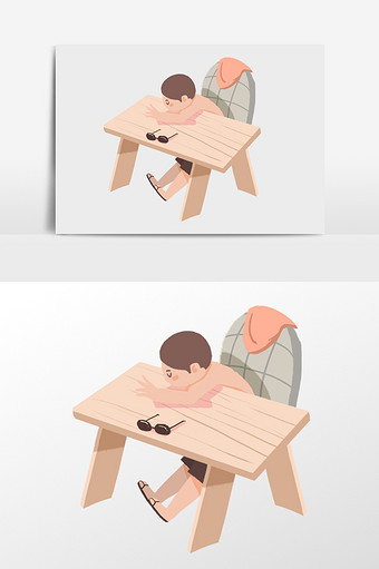 趴桌子睡觉的男孩插画元素图片