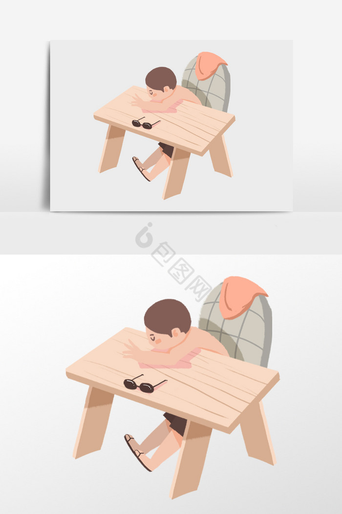 趴桌子睡觉的男孩插画图片