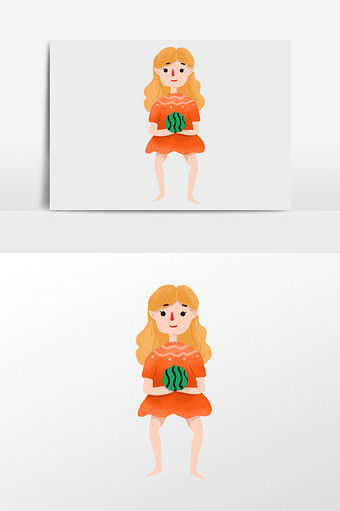 吃西瓜的红裙子女孩插画元素图片