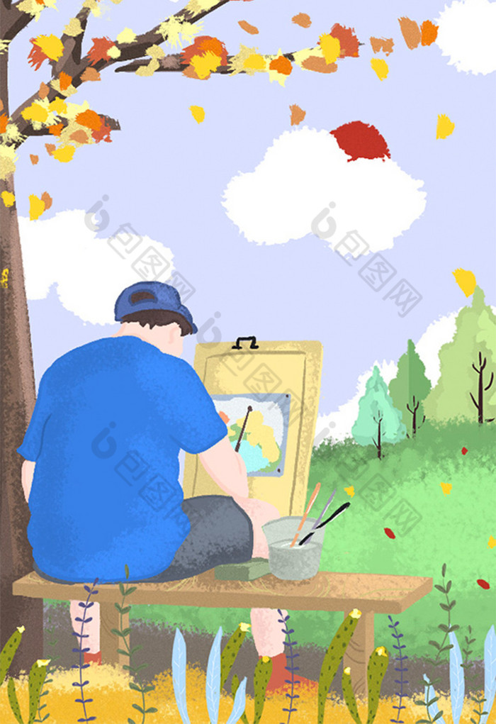 治愈系男生户外写生插画图片