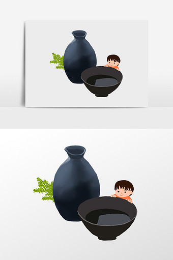 酒碗和小玩偶的插画元素图片