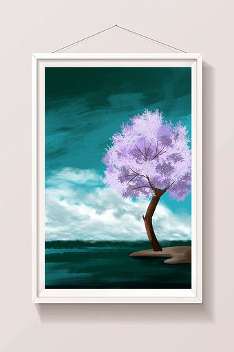 蓝色夏日素材风景大树清新水彩手绘背景图片