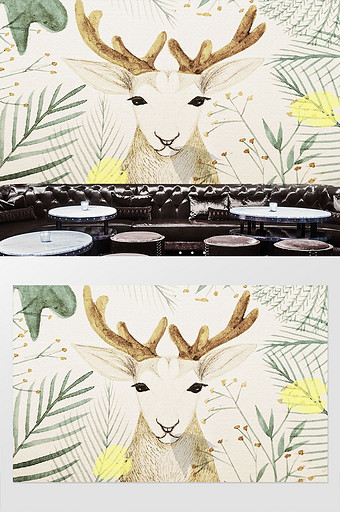 北欧复古叶子木板麋鹿背景装饰画图片