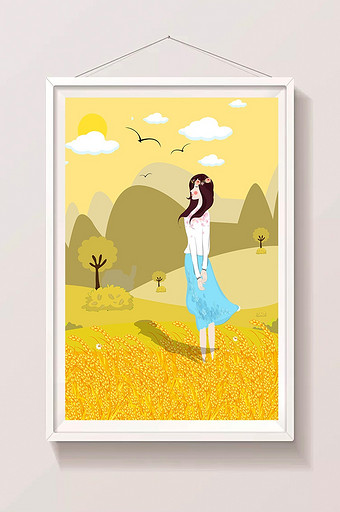 黄色女孩欣赏秋景插画图片