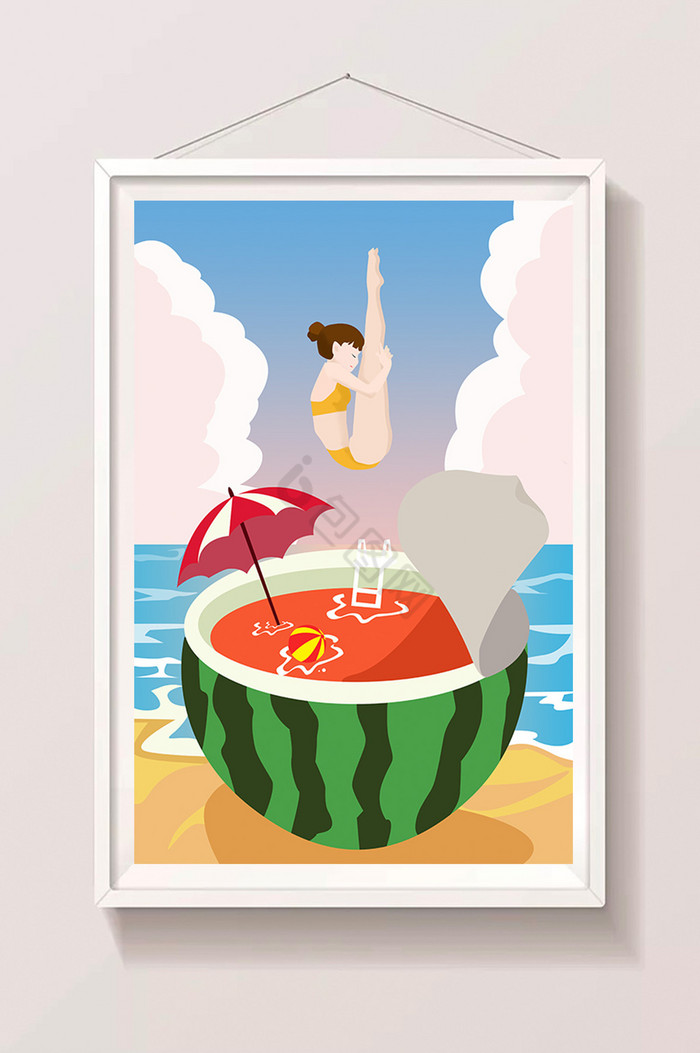 夏季海边清凉西瓜大暑插画图片