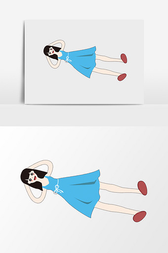 卡通手绘躺着的蓝色裙子少女图片