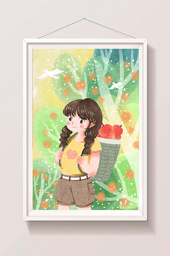 水彩可爱暑假女孩摘苹果劳动插画图片