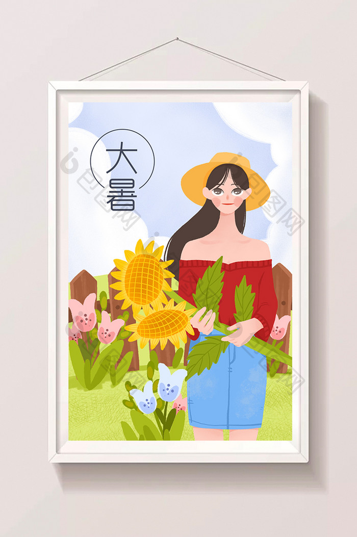 文艺小清新夏季花园拿向日葵女孩插画