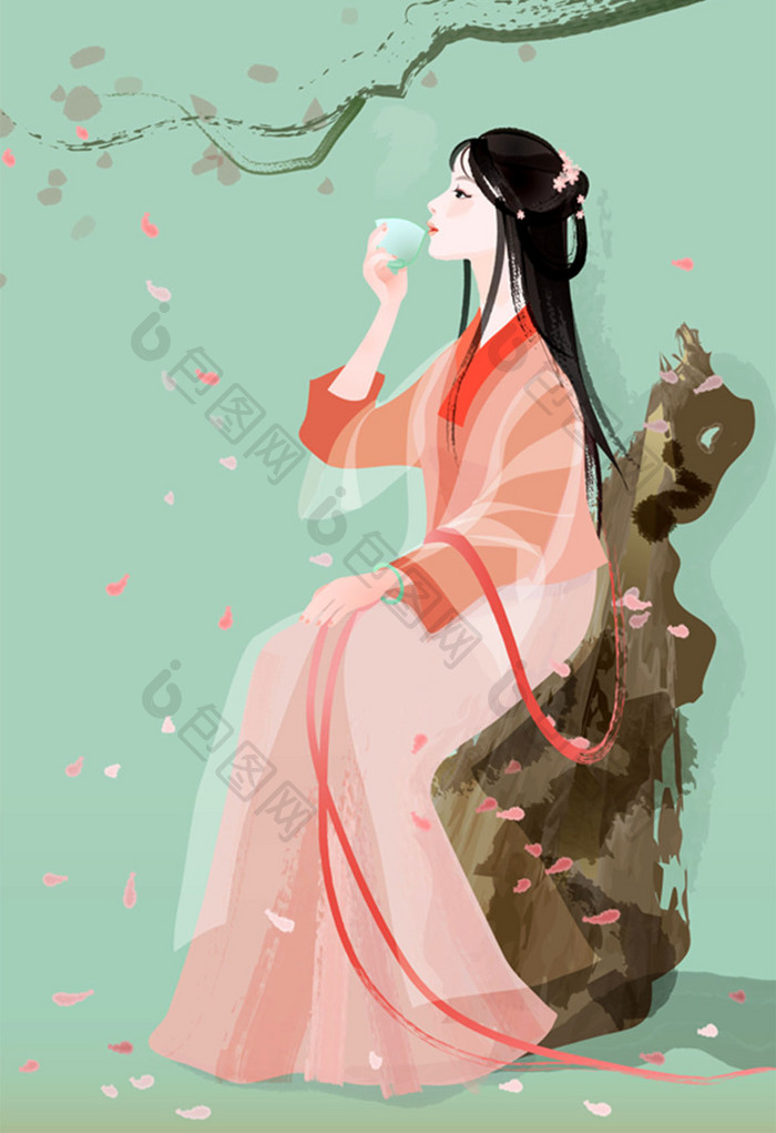 绿色古风线描花瓣奇石汉服少女饮茶矢量插图