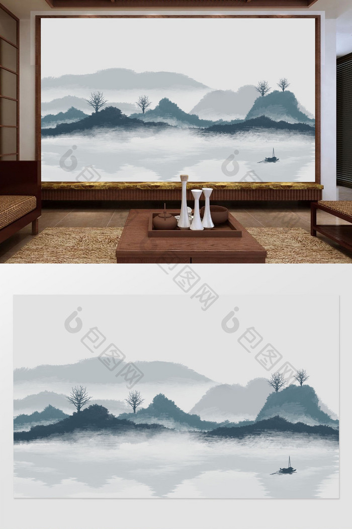 新中式水墨山水抽象背景墙壁画