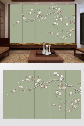 新中式水墨山水梅花山水电视背景家和富贵