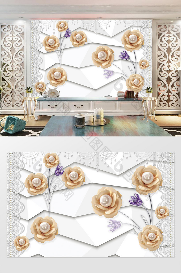 珍珠花朵立体电视墙