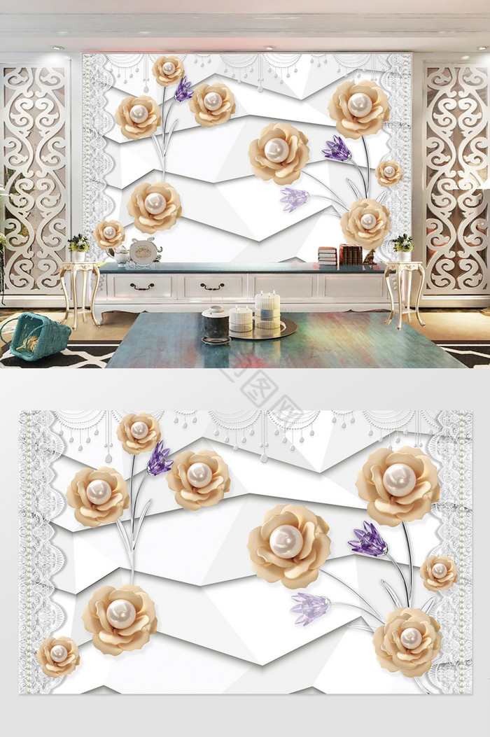 珍珠花朵立体电视墙图片