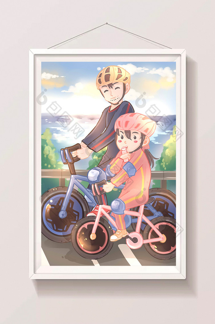 可爱活力卡通暑期生活亲子户外自行车插画