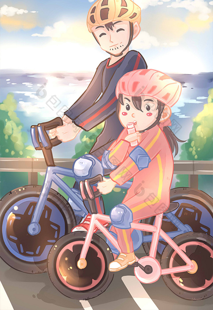 可爱活力卡通暑期生活亲子户外自行车插画