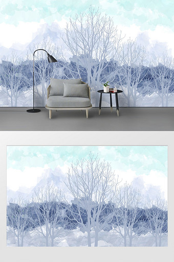 现代北欧唯美大气简约蓝色树木背景墙图片