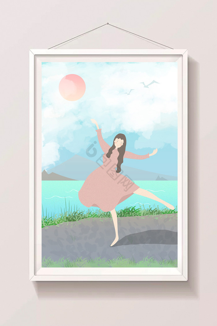暑期生活湖边的芭蕾少女跳舞插画图片
