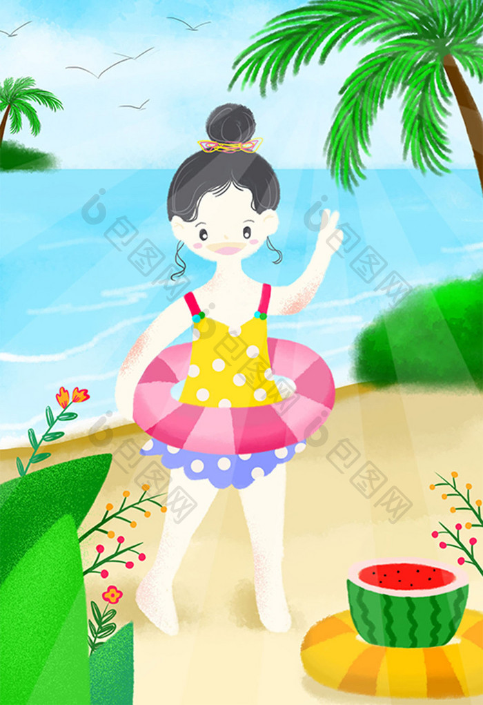 夏日清新海滩海边度假玩耍插画