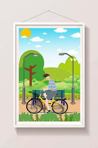 绿色男孩公园骑车插画图片