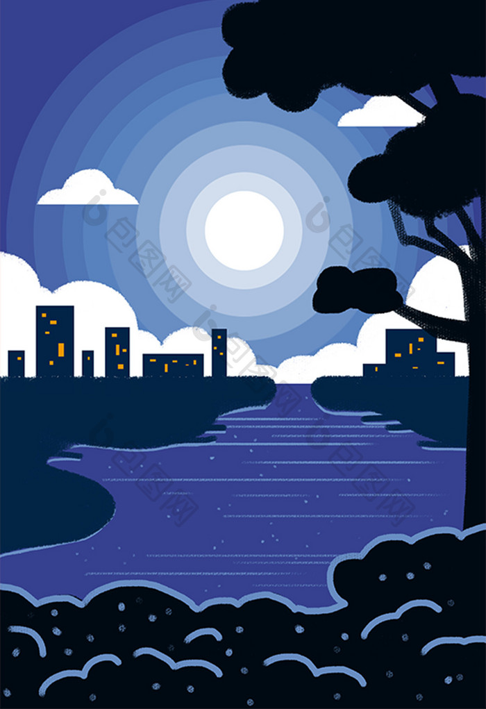蓝色卡通扁平城市夜景手绘插画扁平素材